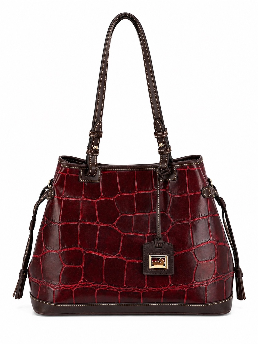 Dooney & Bourke Burgundy Croc Embossed Leather Large Tassel Shoulder Tote - Picture 2 of 15